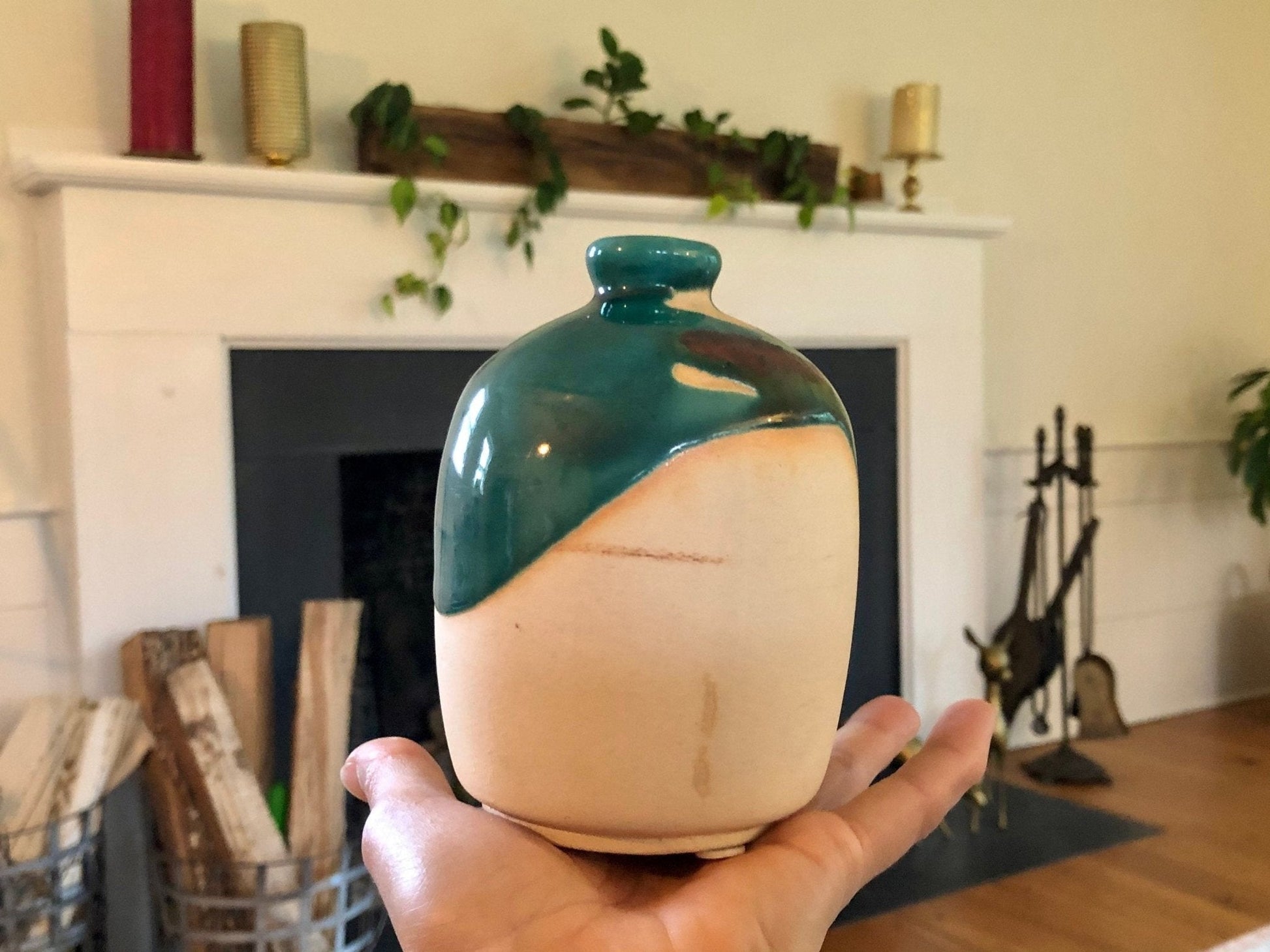 Studio Pottery Bud Vase — Teal Drip Glaze over Cream, Rounded Form, Artist Cipher Mark, 5"H - Loom Vintage
