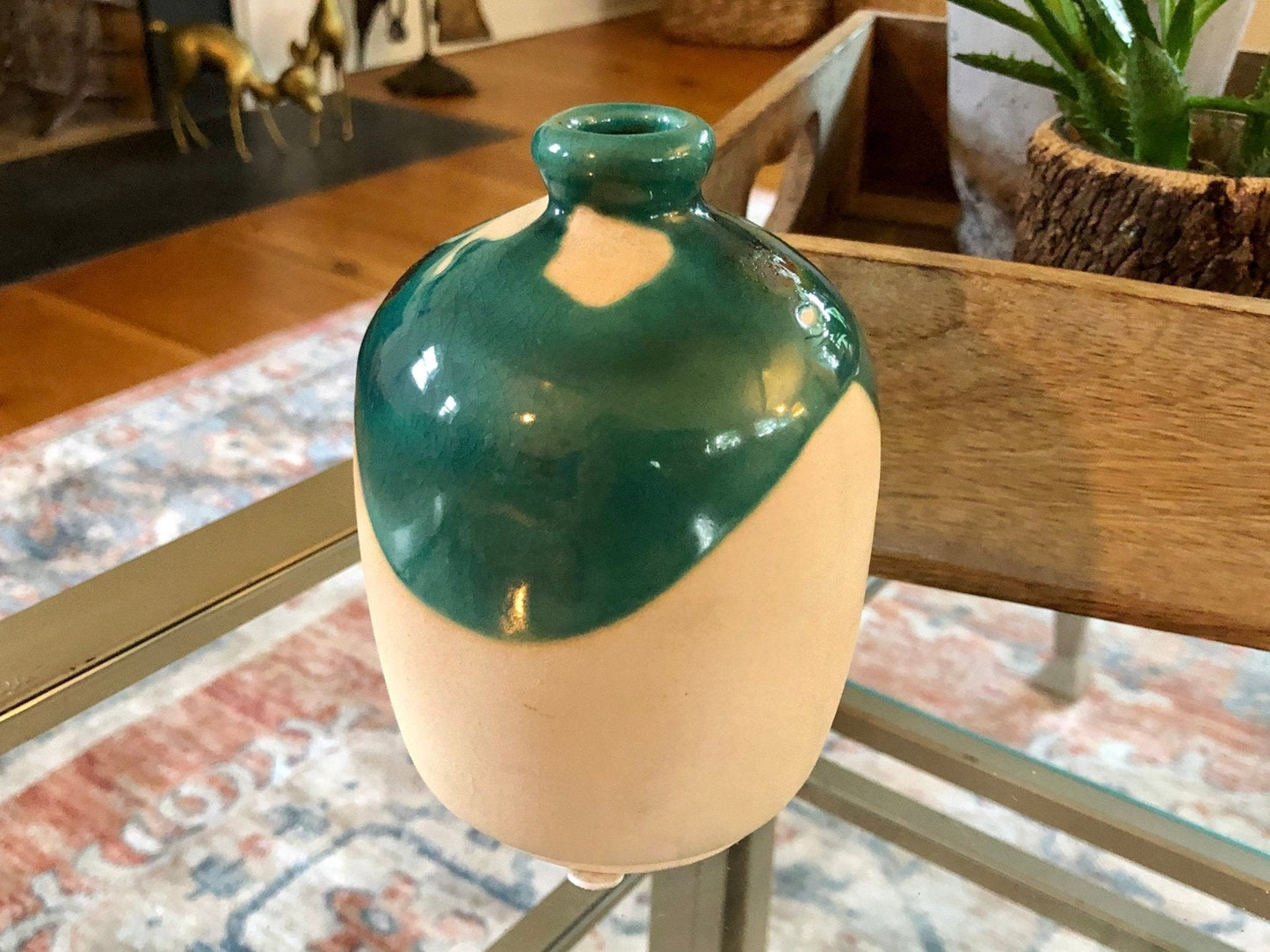 Studio Pottery Bud Vase — Teal Drip Glaze over Cream, Rounded Form, Artist Cipher Mark, 5"H - Loom Vintage