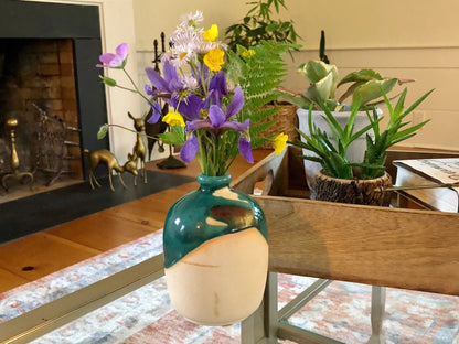 Studio Pottery Bud Vase — Teal Drip Glaze over Cream, Rounded Form, Artist Cipher Mark, 5"H - Loom Vintage