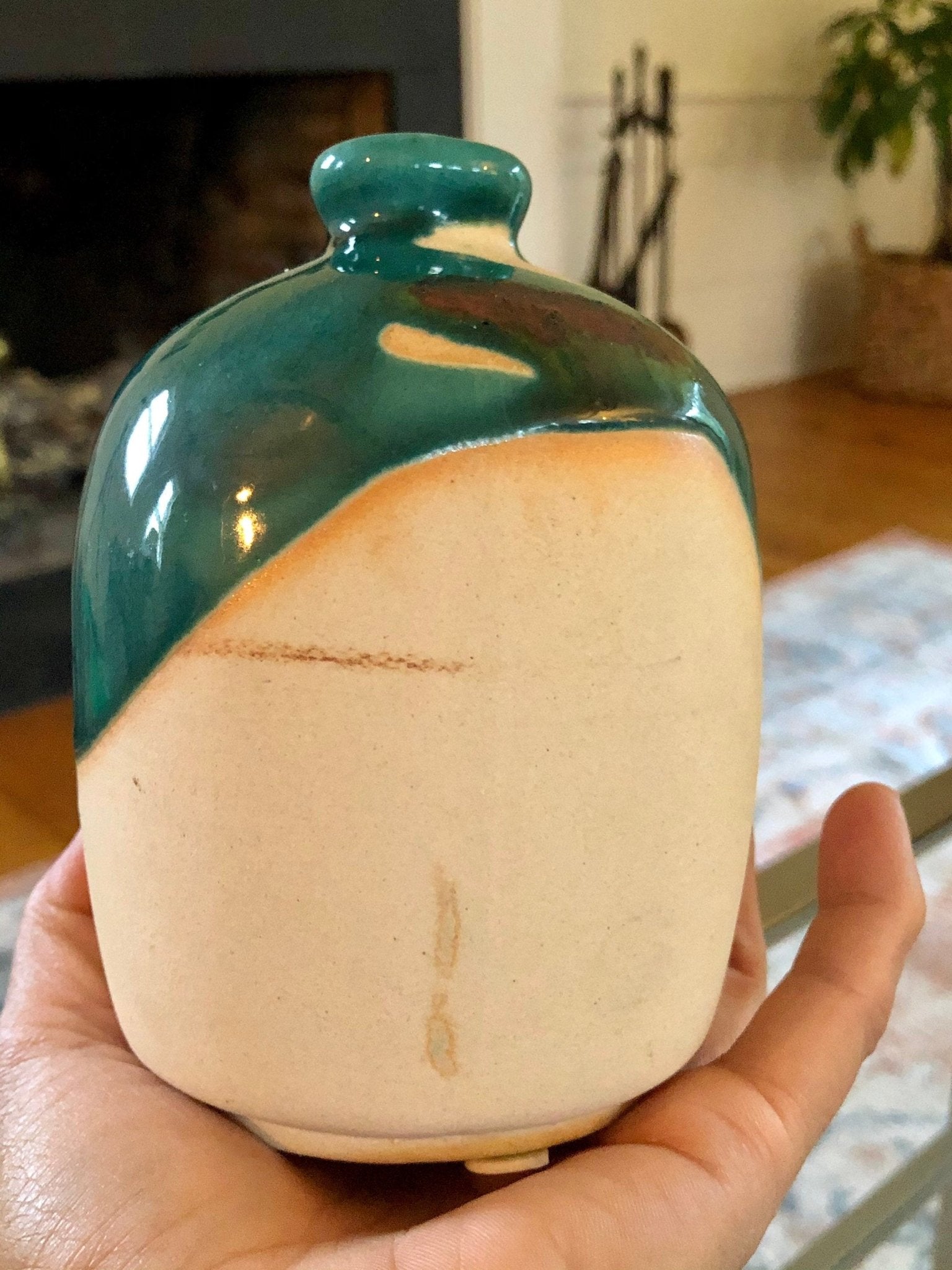 Studio Pottery Bud Vase — Teal Drip Glaze over Cream, Rounded Form, Artist Cipher Mark, 5"H - Loom Vintage