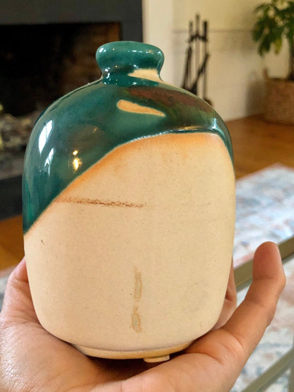 Studio Pottery Bud Vase — Teal Drip Glaze over Cream, Rounded Form, Artist Cipher Mark, 5"H - Loom Vintage