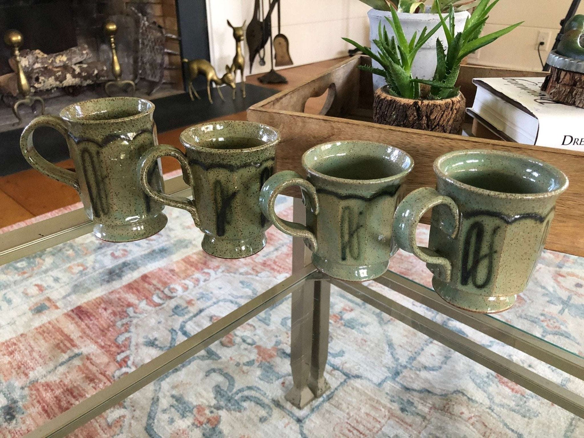 Studio Pottery Mugs, Set of 4 — Mint Green with Brown Speckle, Signed, c. Mid-20th Century - Loom Vintage