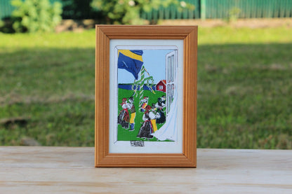 Swedish Country Scene on Linen / Sweden / Art /Framed Linen / Folk Dance - Loom Vintage