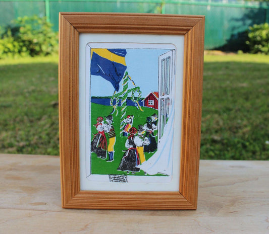 Swedish Country Scene on Linen / Sweden / Art /Framed Linen / Folk Dance - Loom Vintage