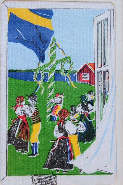 Swedish Country Scene on Linen / Sweden / Art /Framed Linen / Folk Dance - Loom Vintage
