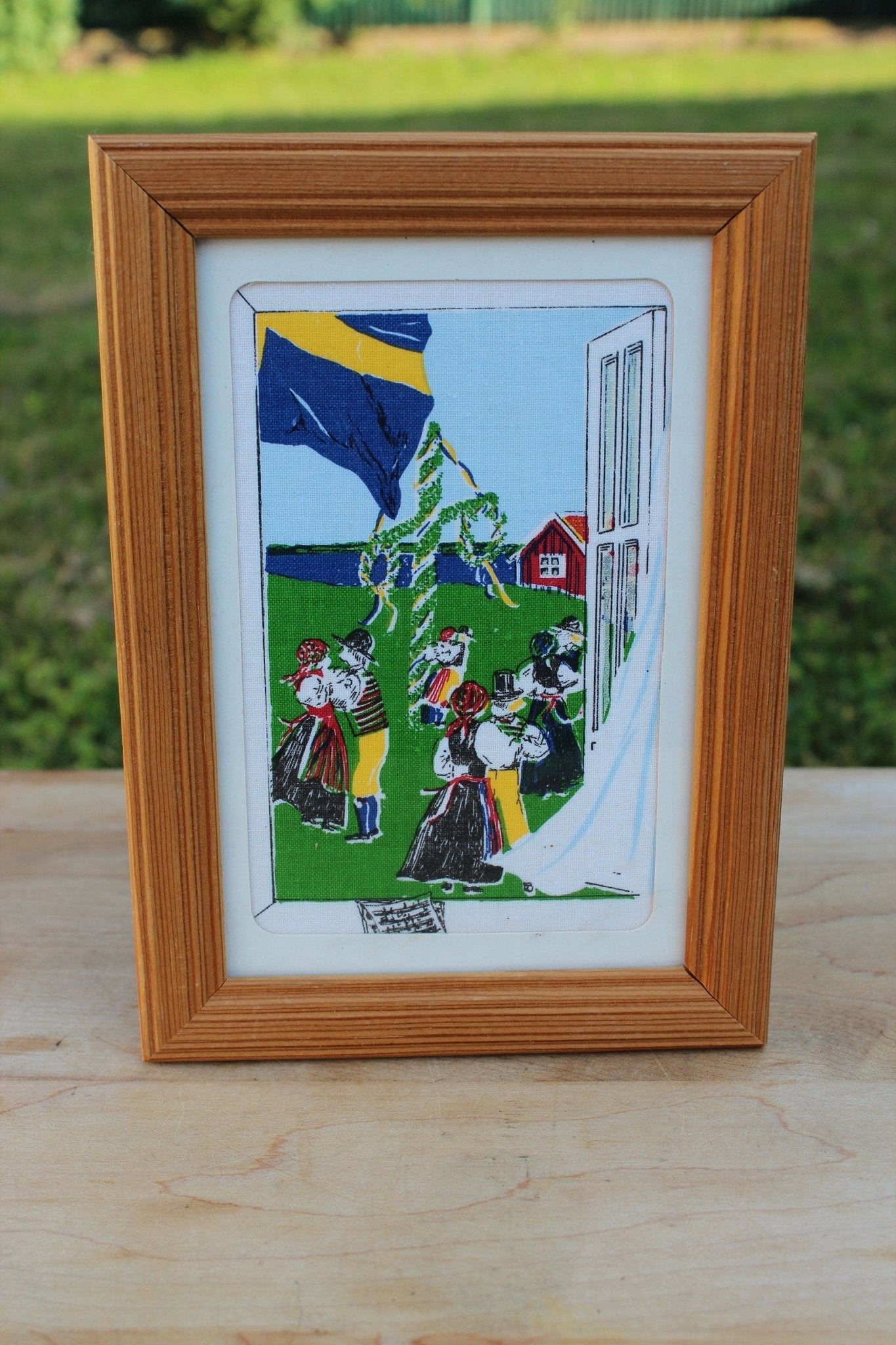 Swedish Country Scene on Linen / Sweden / Art /Framed Linen / Folk Dance - Loom Vintage