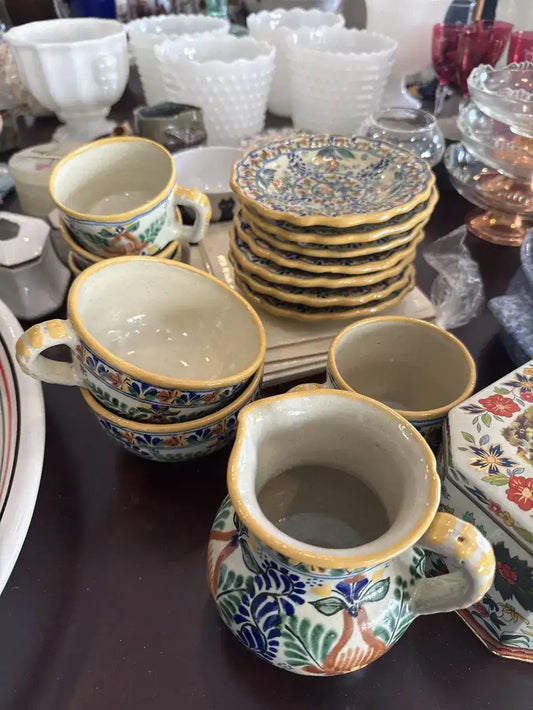 Hand-painted Talavera Poblana 13-piece set from Puebla, Mexico, plates and cups arranged