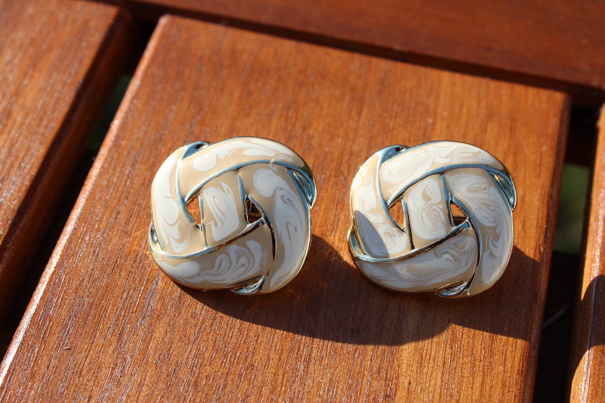 Taupe & Ivory with Gold Accents Clip on Earrings, Braided, Knotted, Woven Earrings - Loom Vintage