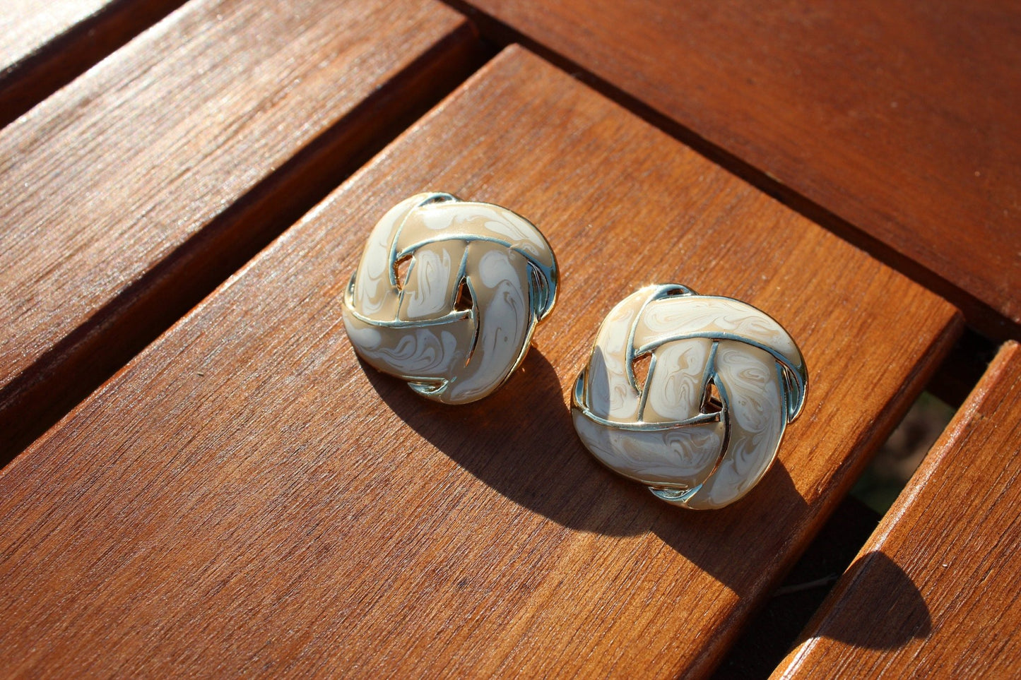 Taupe & Ivory with Gold Accents Clip on Earrings, Braided, Knotted, Woven Earrings - Loom Vintage