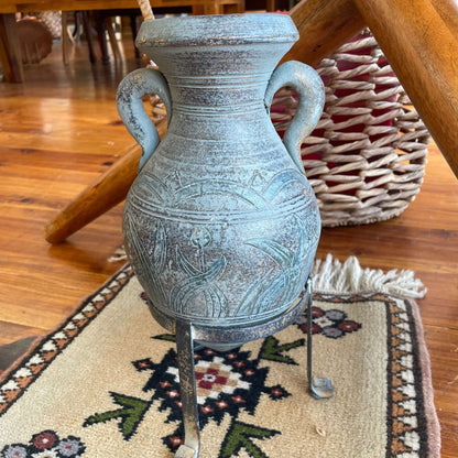 Terracotta Amphora Vessel with Iron Tripod Stand — Blue-Green Patina, Etched Botanical, 13.25"H - Loom Vintage
