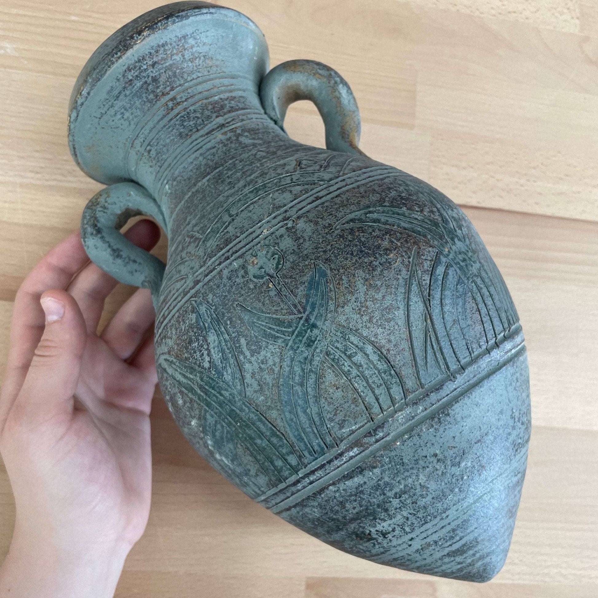 Terracotta Amphora Vessel with Iron Tripod Stand — Blue-Green Patina, Etched Botanical, 13.25"H - Loom Vintage