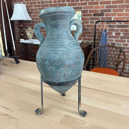 Terracotta Amphora Vessel with Iron Tripod Stand — Blue-Green Patina, Etched Botanical, 13.25"H - Loom Vintage