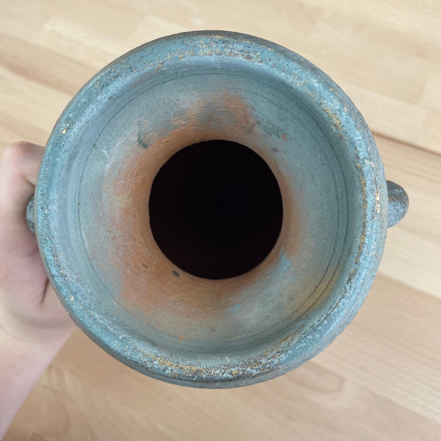 Terracotta Amphora Vessel with Iron Tripod Stand — Blue-Green Patina, Etched Botanical, 13.25"H - Loom Vintage