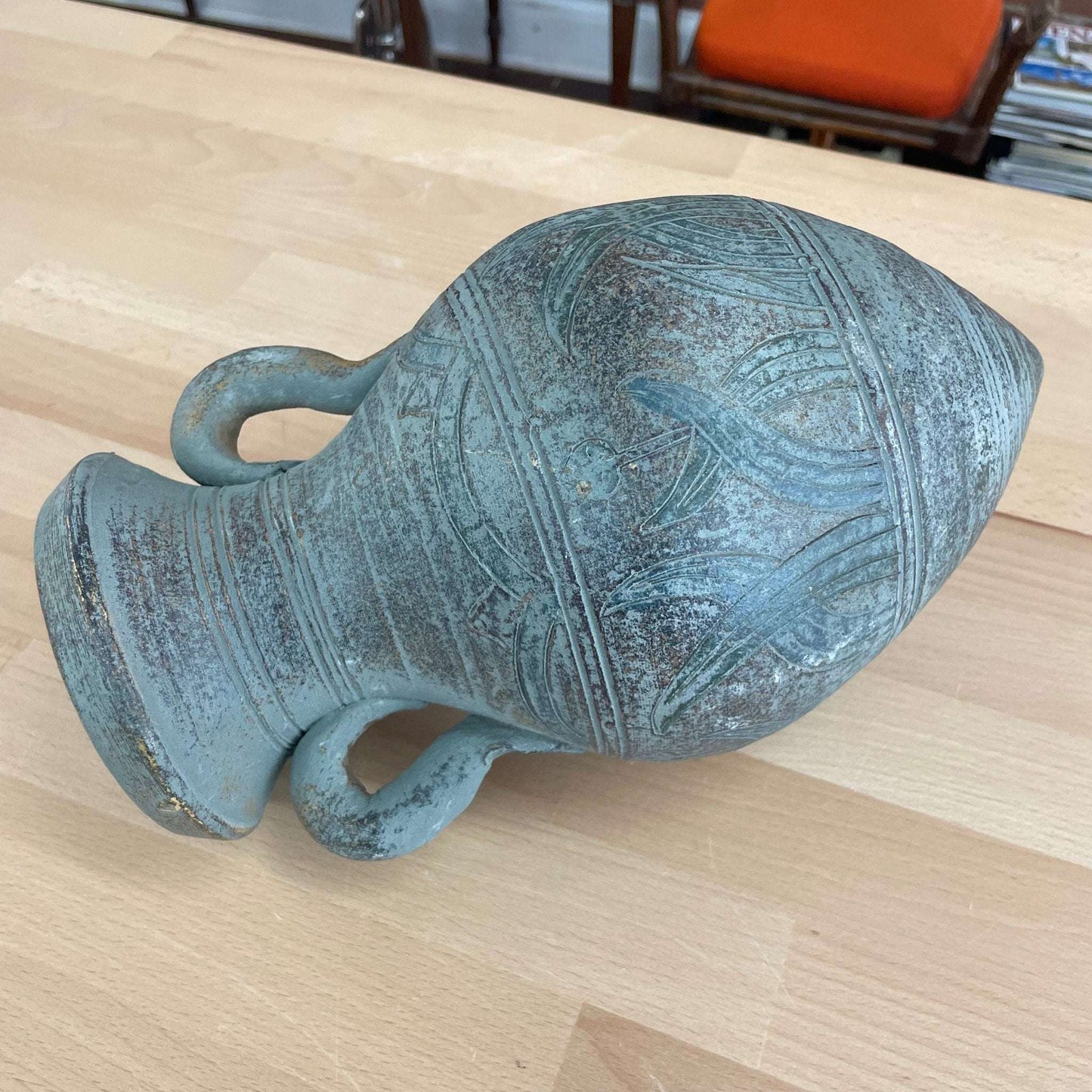 Terracotta Amphora Vessel with Iron Tripod Stand — Blue-Green Patina, Etched Botanical, 13.25"H - Loom Vintage