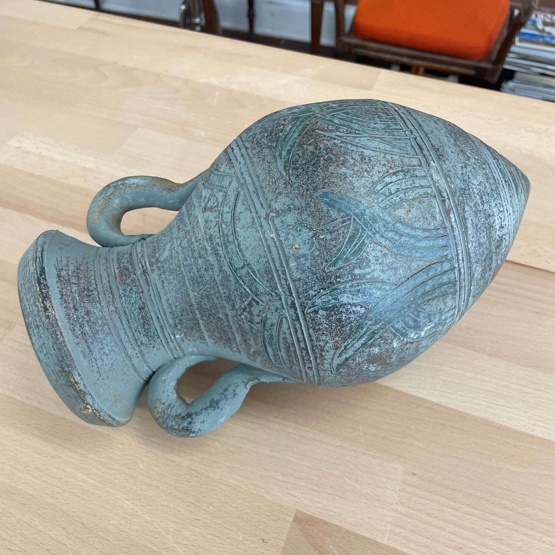 Terracotta Amphora Vessel with Iron Tripod Stand — Blue-Green Patina, Etched Botanical, 13.25"H - Loom Vintage