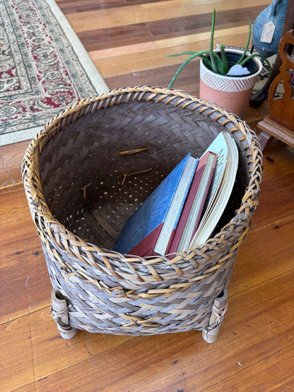 Thai Bamboo Folk Art Footed Basket – Hand - Woven Split Reed Planter - Loom Vintage