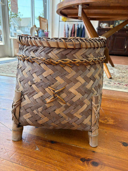 Thai Bamboo Folk Art Footed Basket – Hand - Woven Split Reed Planter - Loom Vintage