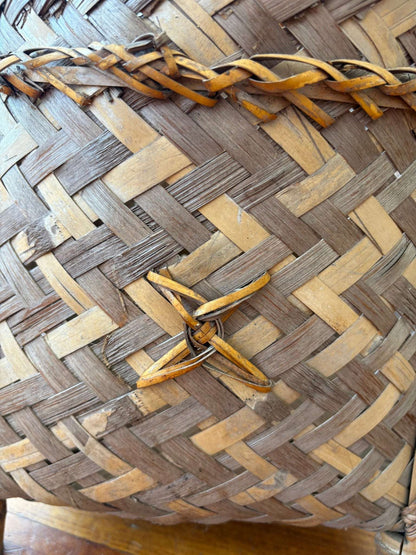 Thai Bamboo Folk Art Footed Basket – Hand - Woven Split Reed Planter - Loom Vintage