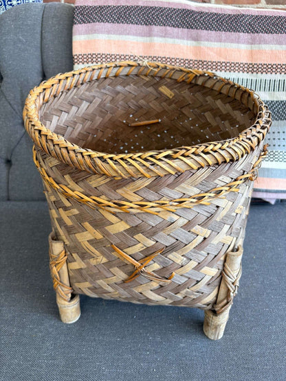 Thai Bamboo Folk Art Footed Basket – Hand - Woven Split Reed Planter - Loom Vintage