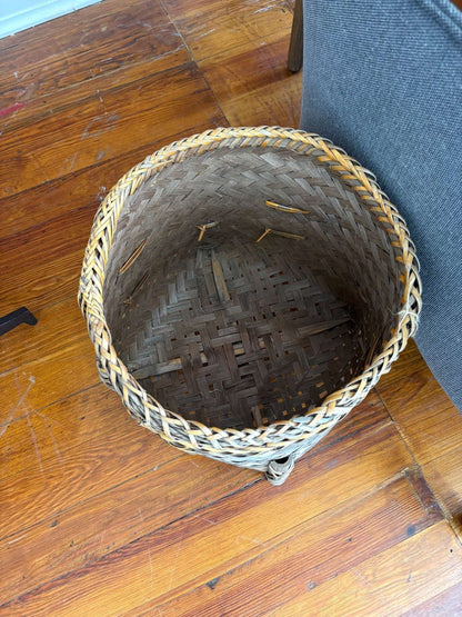 Thai Bamboo Folk Art Footed Basket – Hand - Woven Split Reed Planter - Loom Vintage