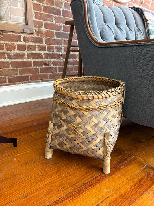 Thai Bamboo Folk Art Footed Basket – Hand - Woven Split Reed Planter - Loom Vintage