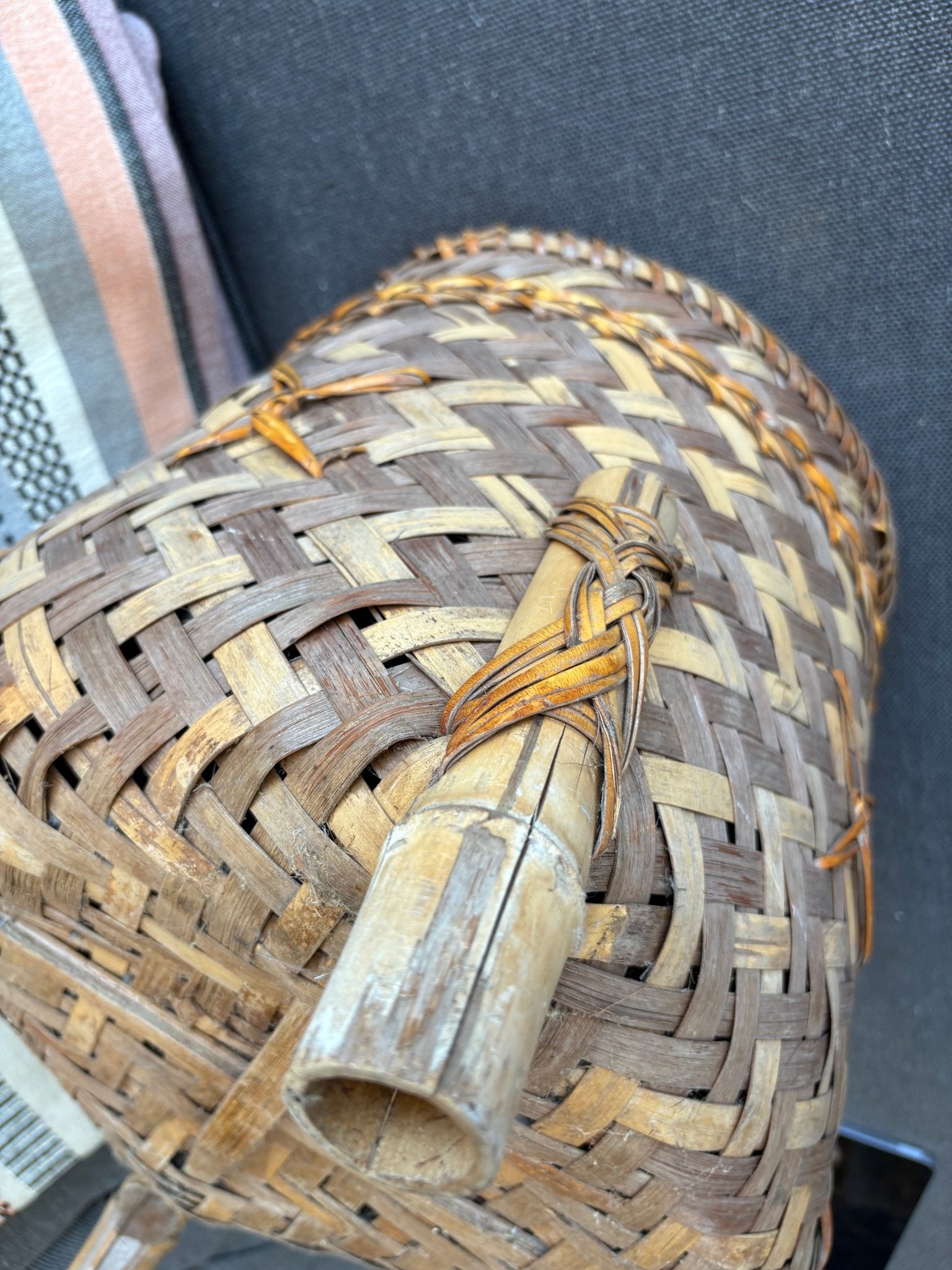 Thai Bamboo Folk Art Footed Basket – Hand - Woven Split Reed Planter - Loom Vintage