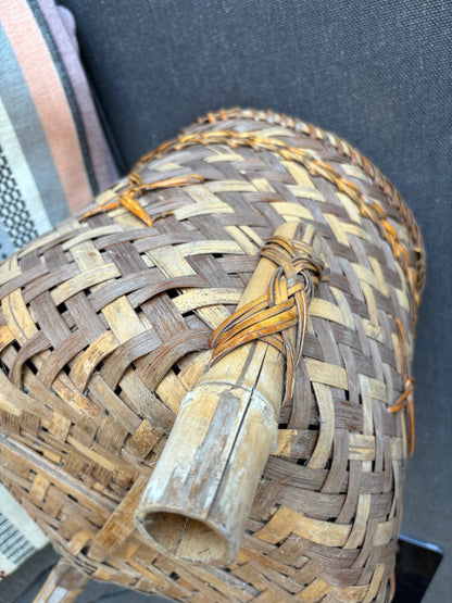 Thai Bamboo Folk Art Footed Basket – Hand - Woven Split Reed Planter - Loom Vintage