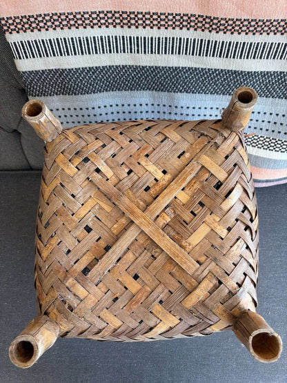Thai Bamboo Folk Art Footed Basket – Hand - Woven Split Reed Planter - Loom Vintage
