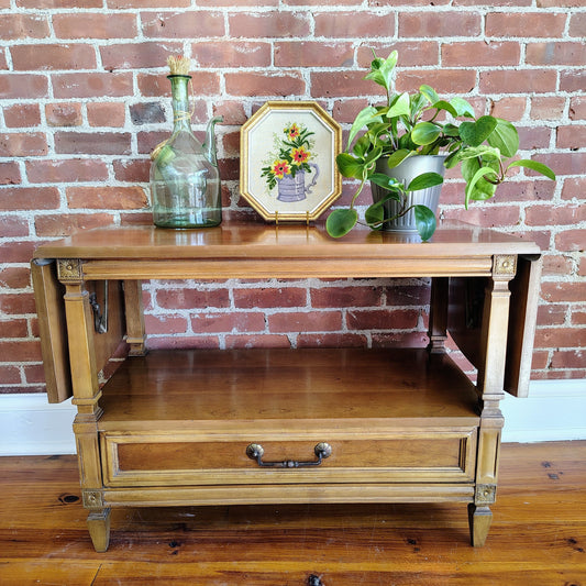 Thomasville walnut dropleaf server with neoclassical detail, vintage mid-century
