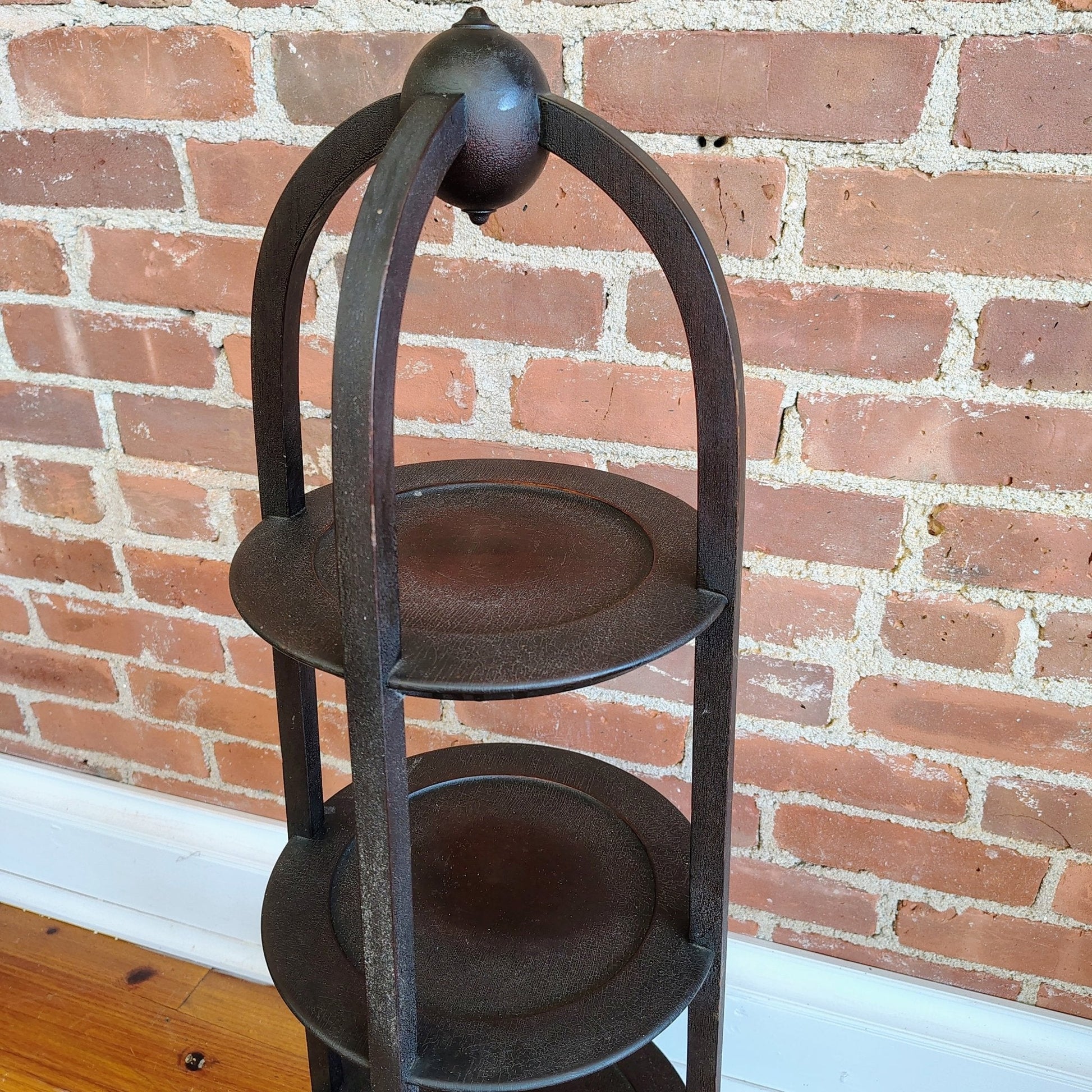 Three - Tier Wood Pedestal Dessert Stand — 36" Tall, Espresso, Late 20th Century - Loom Vintage
