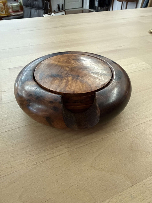 Thuya burl wood coaster set in a turned holder