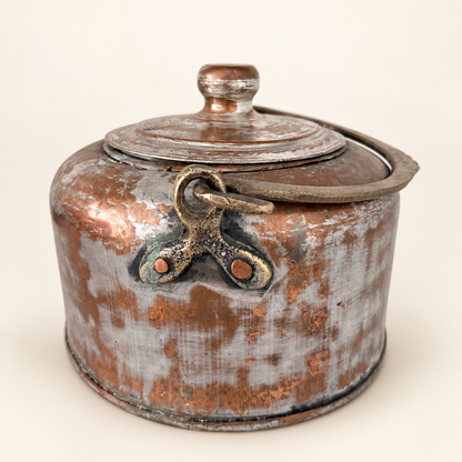 Riveted brass lug on the side of the kettle holding the bail, with the domed lid above