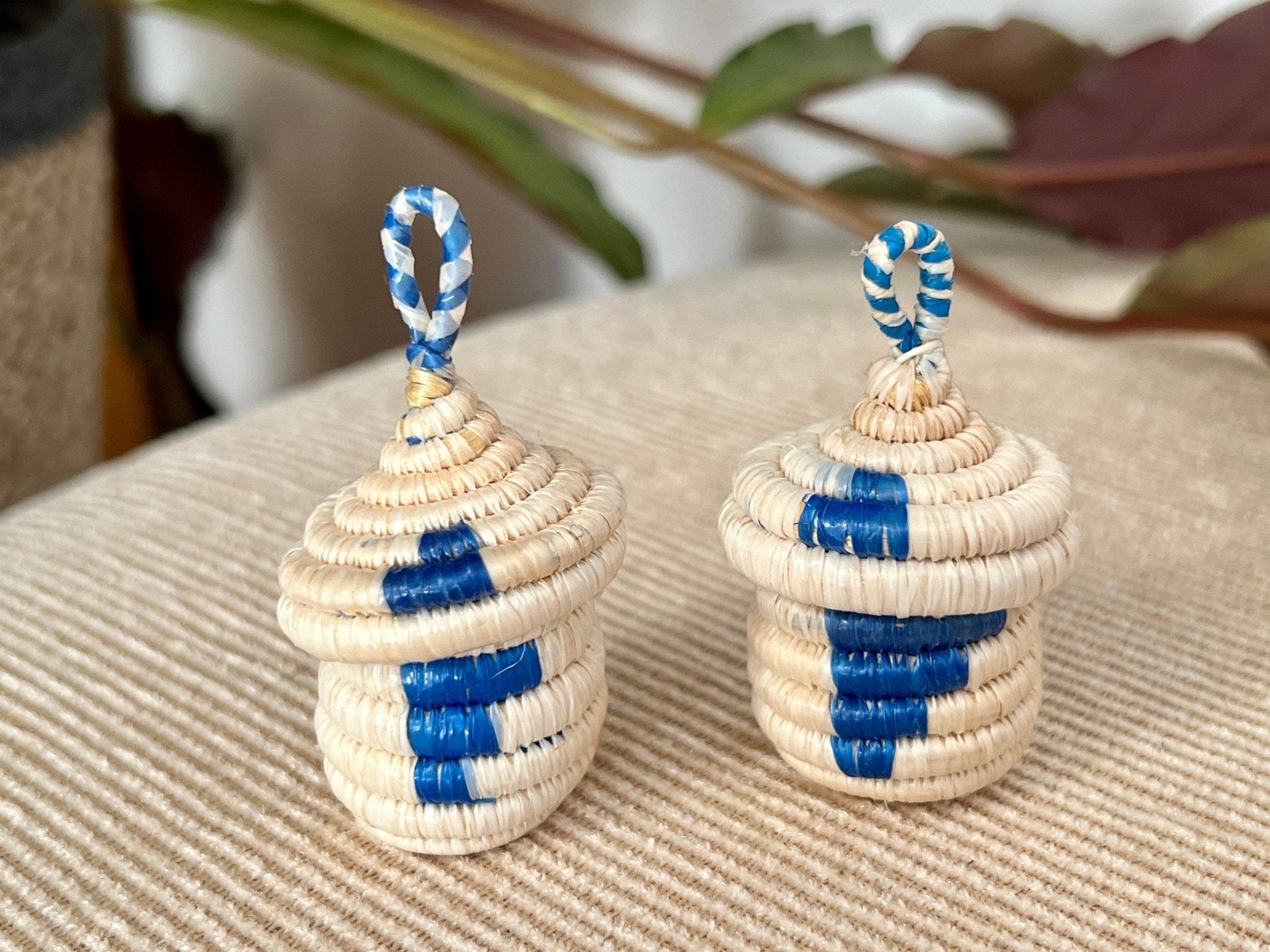 Tiny, Pair of African Woven Baskets, Hand made Jewelry Box, Ring Box, Woven Hanging Baskets - Loom Vintage