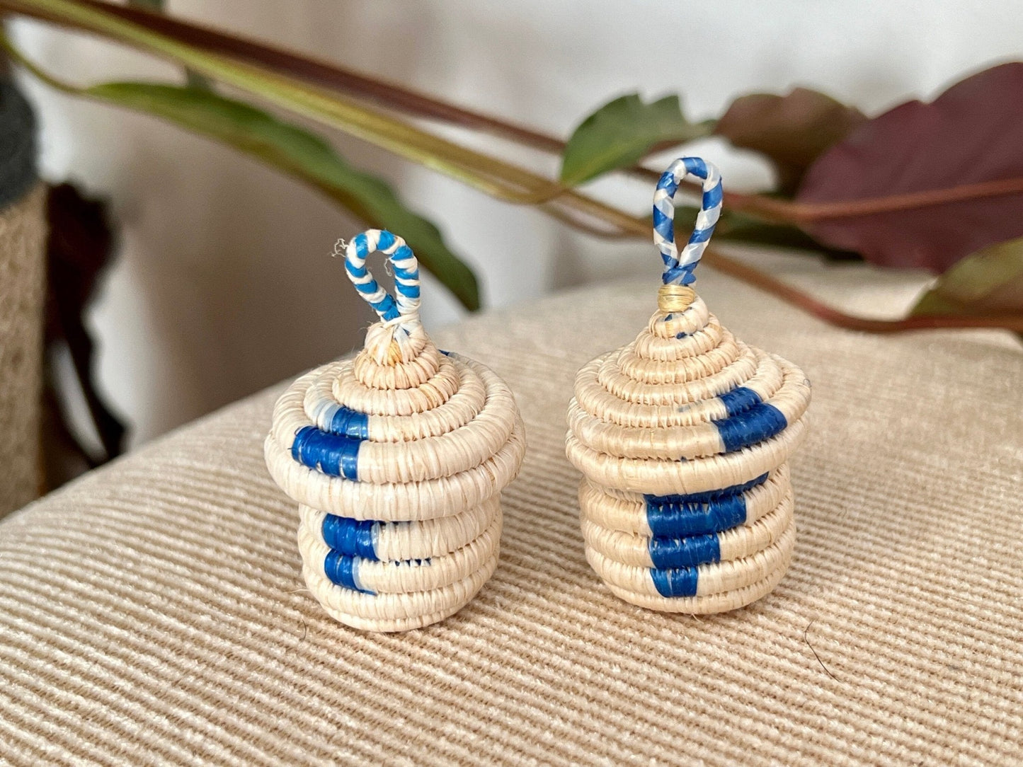 Tiny, Pair of African Woven Baskets, Hand made Jewelry Box, Ring Box, Woven Hanging Baskets - Loom Vintage
