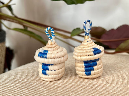 Tiny, Pair of African Woven Baskets, Hand made Jewelry Box, Ring Box, Woven Hanging Baskets - Loom Vintage