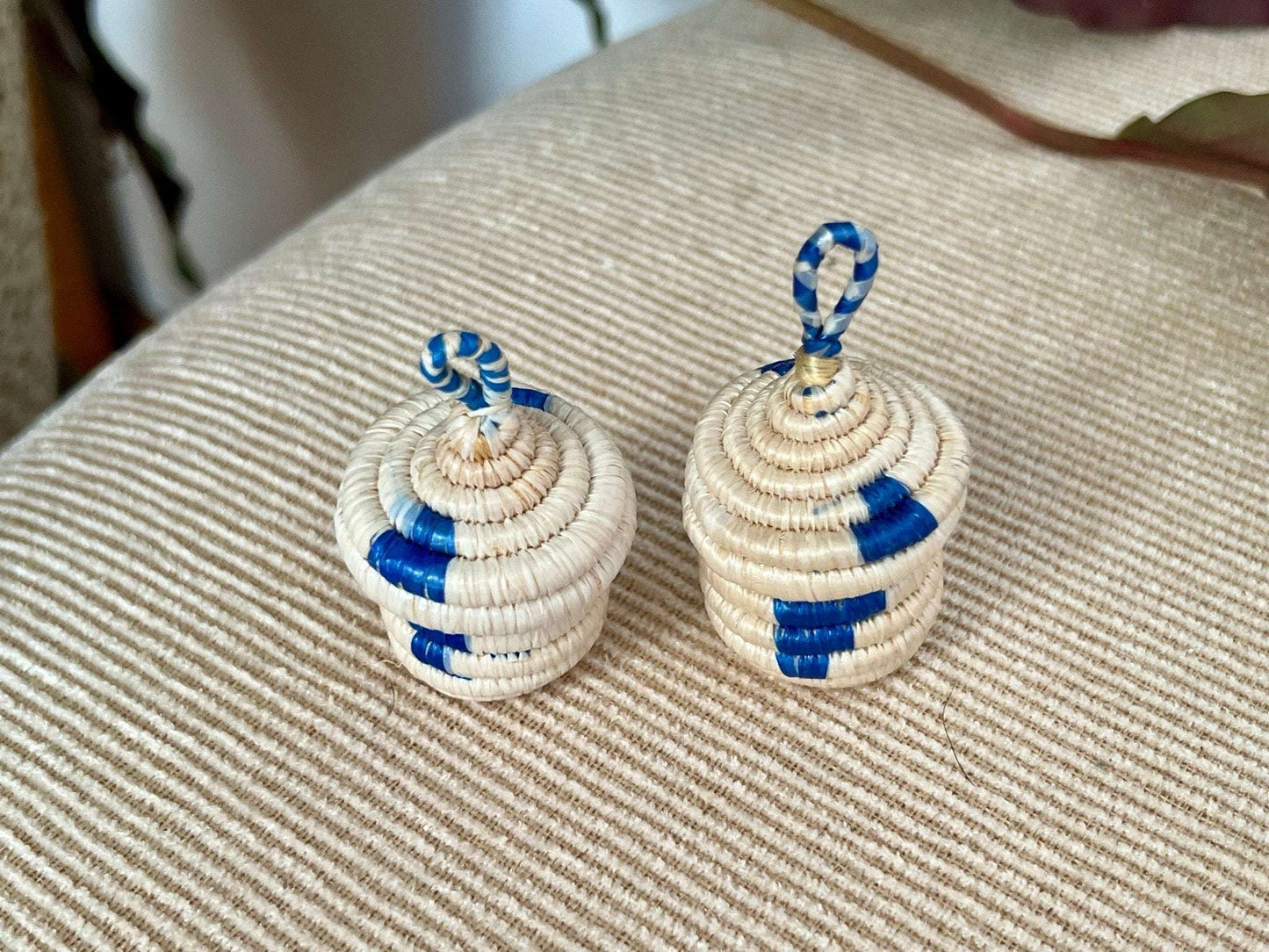 Tiny, Pair of African Woven Baskets, Hand made Jewelry Box, Ring Box, Woven Hanging Baskets - Loom Vintage