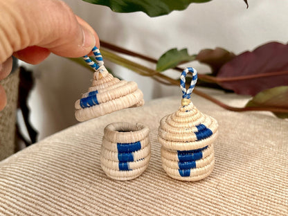 Tiny, Pair of African Woven Baskets, Hand made Jewelry Box, Ring Box, Woven Hanging Baskets - Loom Vintage