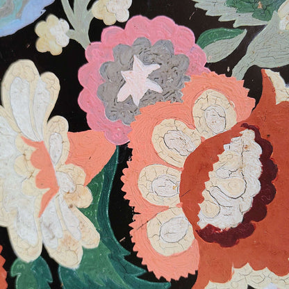Tole Craft Style Paint - by - Number Metal Tray — Pheasant & Botanical Florals, Black, c. 1950s - Loom Vintage
