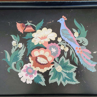 Tole Craft Style Paint - by - Number Metal Tray — Pheasant & Botanical Florals, Black, c. 1950s - Loom Vintage