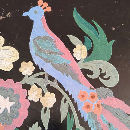 Tole Craft Style Paint - by - Number Metal Tray — Pheasant & Botanical Florals, Black, c. 1950s - Loom Vintage