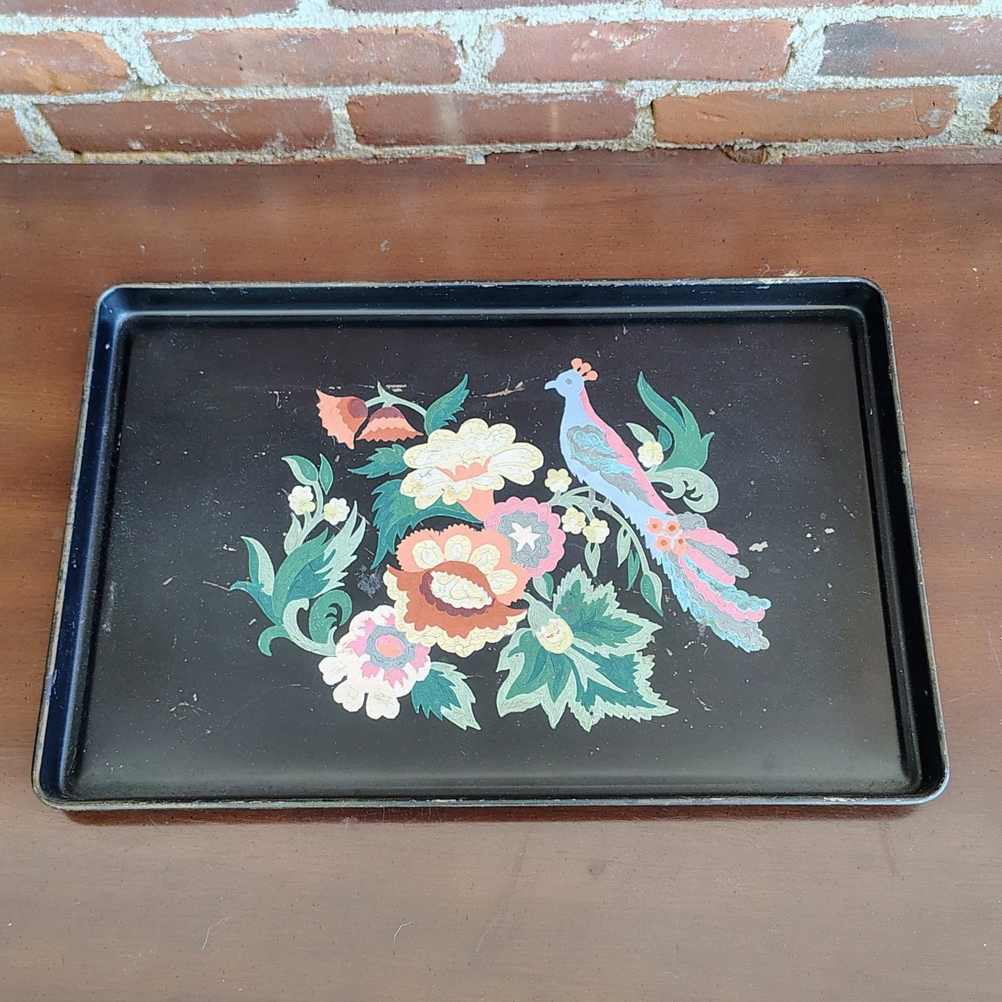 Tole Craft Style Paint - by - Number Metal Tray — Pheasant & Botanical Florals, Black, c. 1950s - Loom Vintage