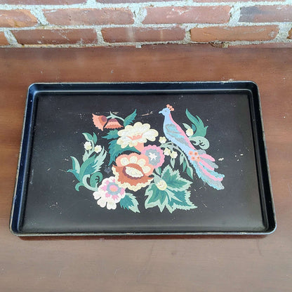 Tole Craft Style Paint - by - Number Metal Tray — Pheasant & Botanical Florals, Black, c. 1950s - Loom Vintage