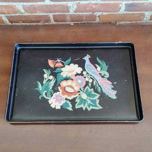 Tole Craft Style Paint - by - Number Metal Tray — Pheasant & Botanical Florals, Black, c. 1950s - Loom Vintage