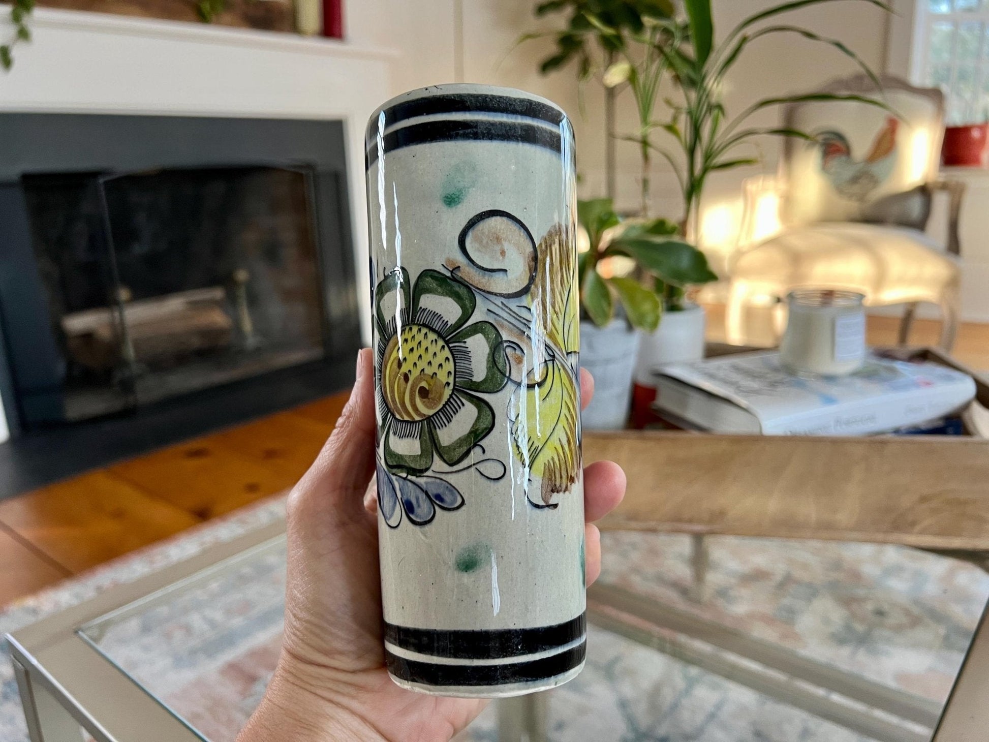 Tonala Mexican Folk Art Cylinder Vase — Signed CAT, 312, Hand - Painted Floral - Loom Vintage