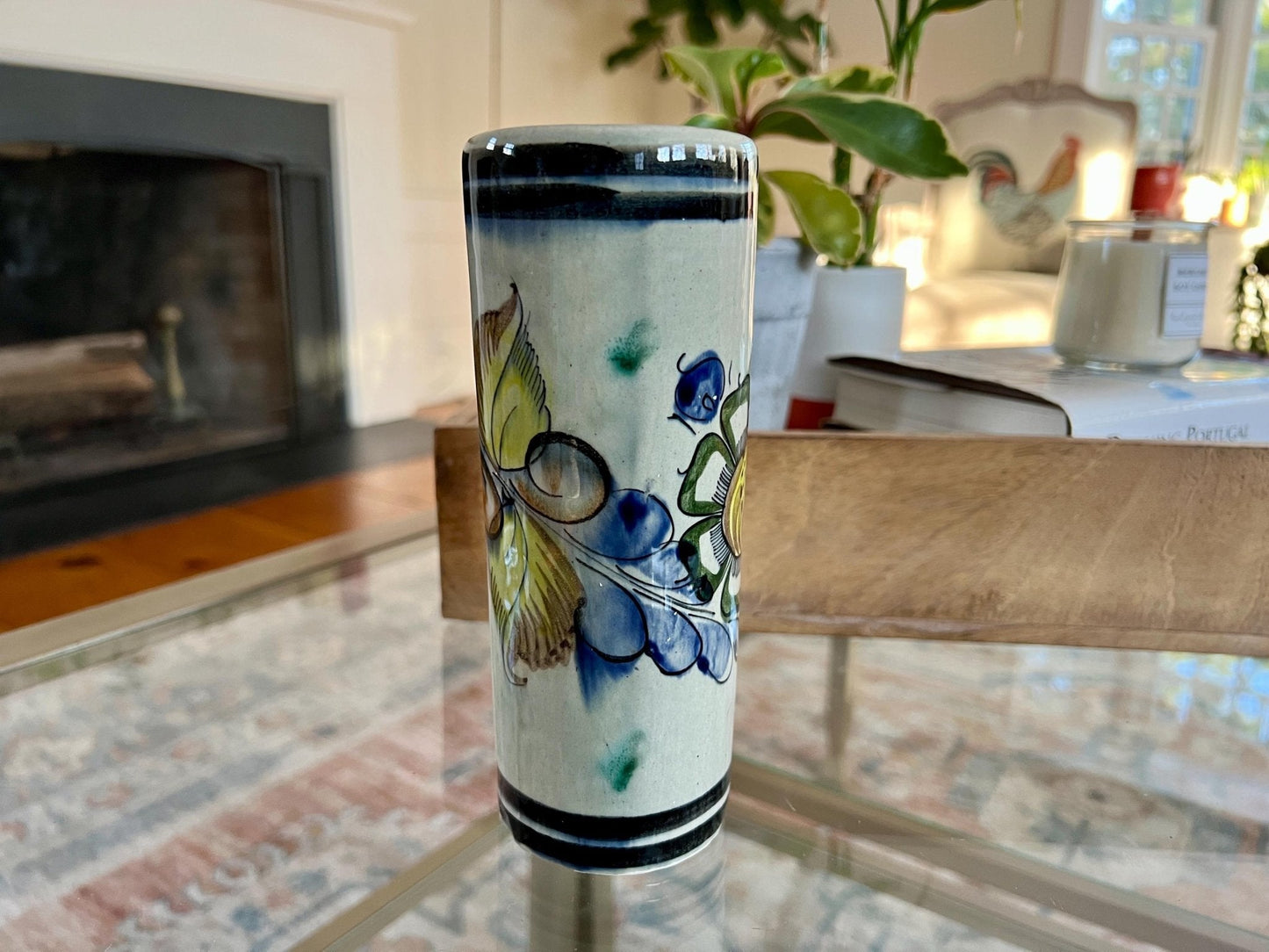Tonala Mexican Folk Art Cylinder Vase — Signed CAT, 312, Hand - Painted Floral - Loom Vintage