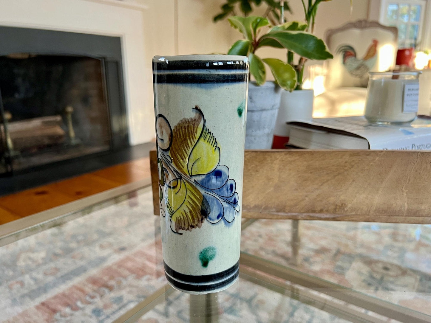 Tonala Mexican Folk Art Cylinder Vase — Signed CAT, 312, Hand - Painted Floral - Loom Vintage