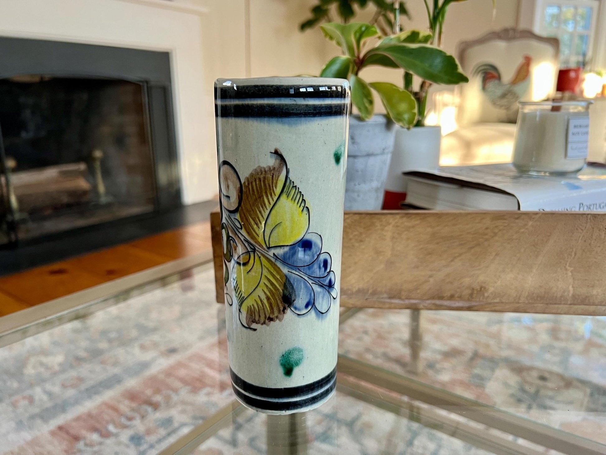Tonala Mexican Folk Art Cylinder Vase — Signed CAT, 312, Hand - Painted Floral - Loom Vintage