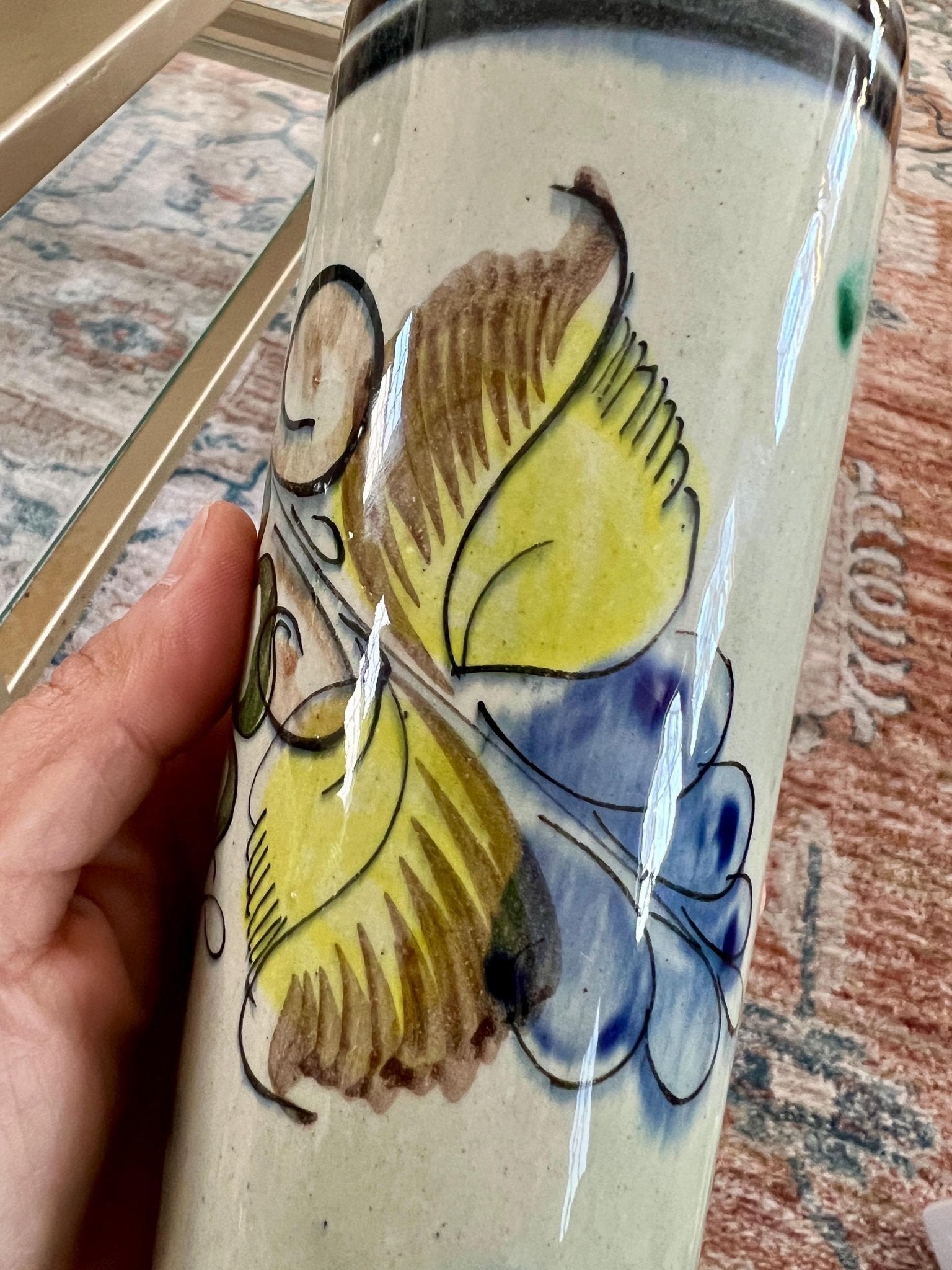 Tonala Mexican Folk Art Cylinder Vase — Signed CAT, 312, Hand - Painted Floral - Loom Vintage