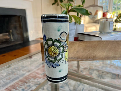 Tonala Mexican Folk Art Cylinder Vase — Signed CAT, 312, Hand - Painted Floral - Loom Vintage