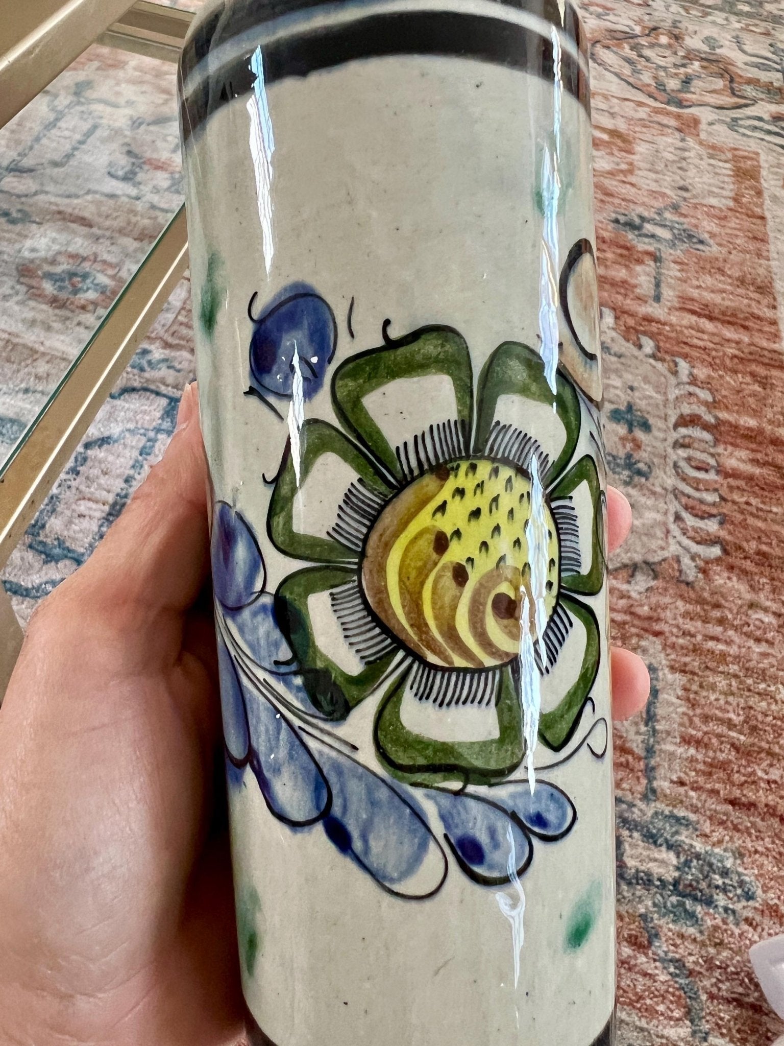 Tonala Mexican Folk Art Cylinder Vase — Signed CAT, 312, Hand - Painted Floral - Loom Vintage